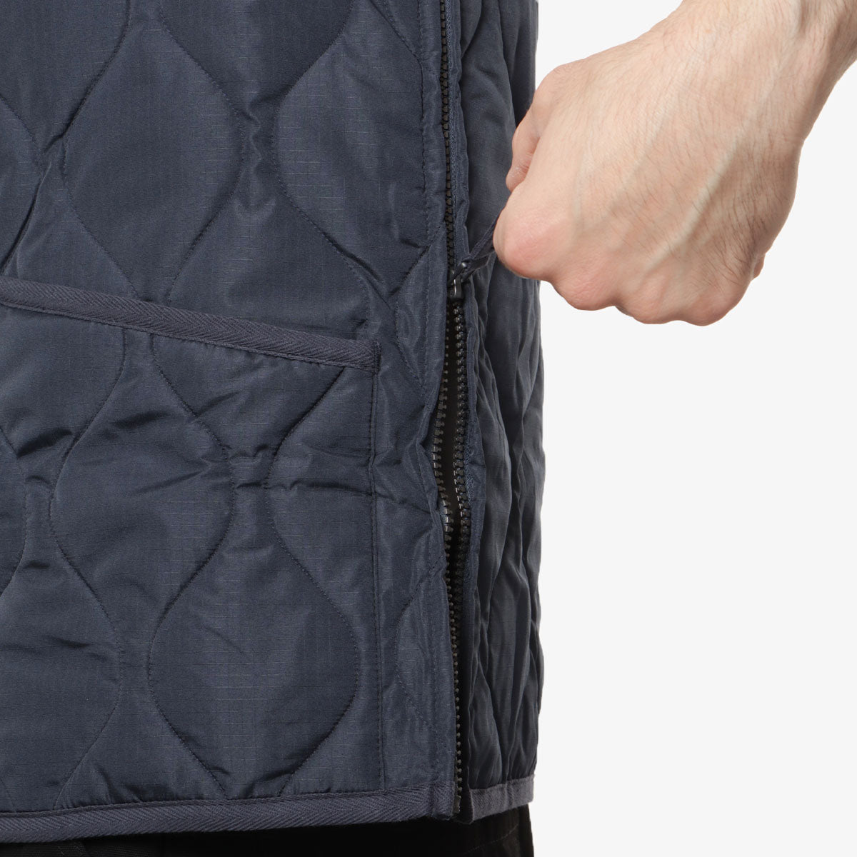 Taion Military Zip V Neck Down Vest, Dark Navy, Detail Shot 5