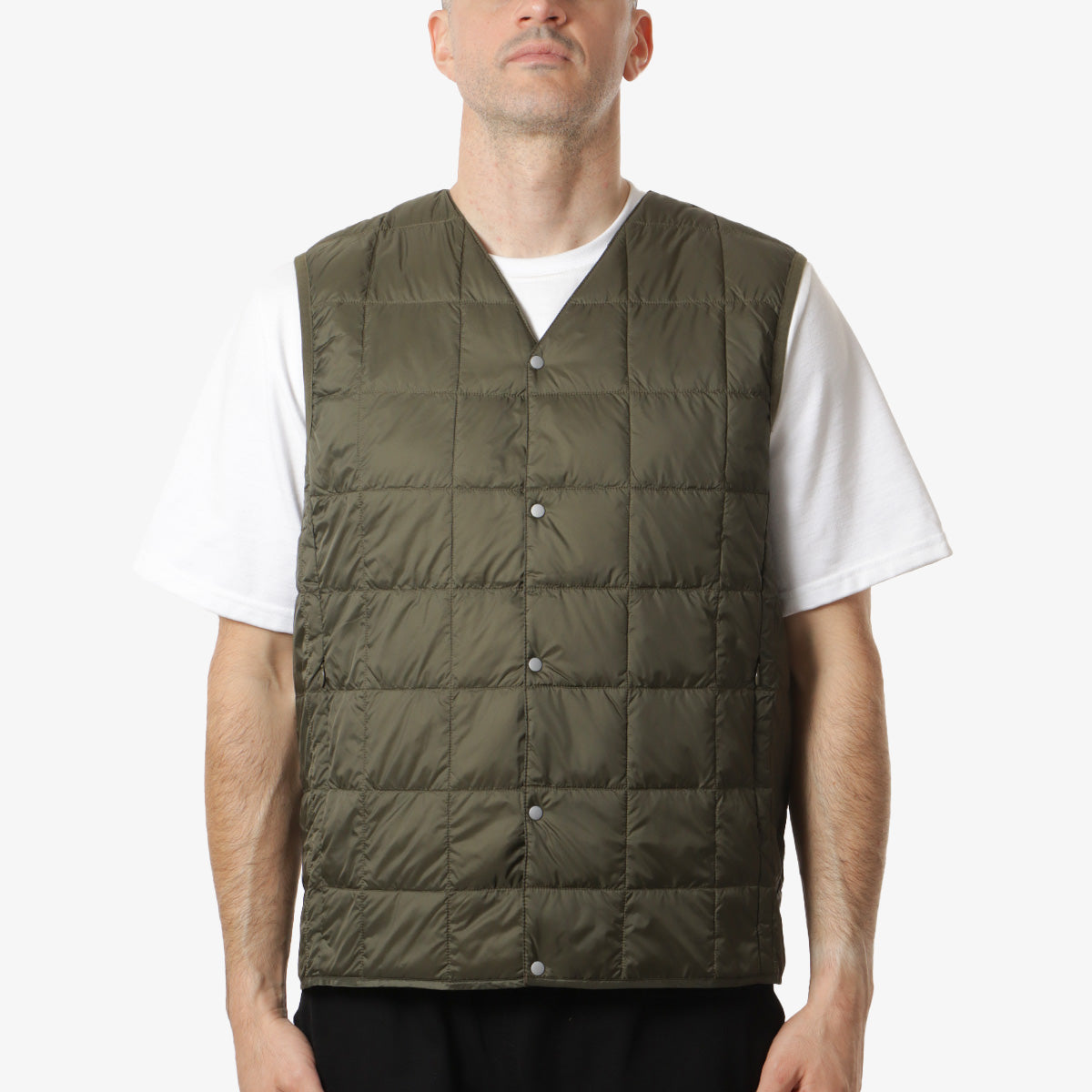 Taion V Neck Down Vest, Dark Olive, Detail Shot 1