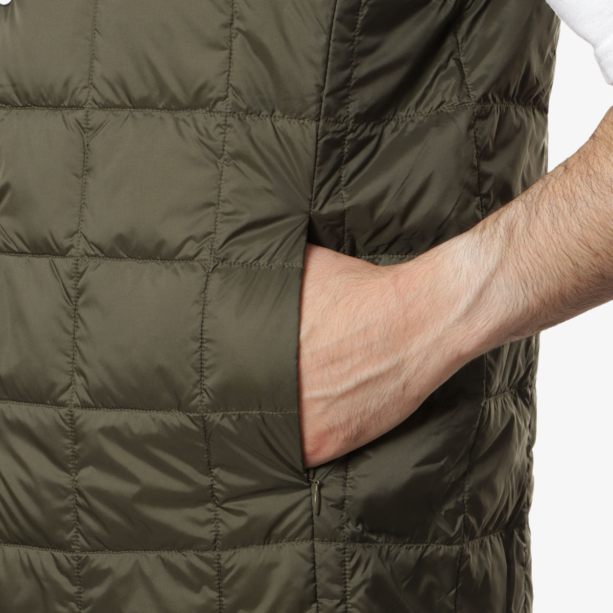 Taion V Neck Down Vest, Dark Olive, Detail Shot 3