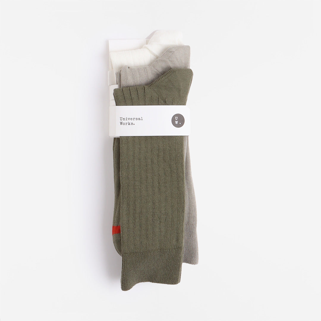 main Universal Works 3 Pack Modal Socks, Ecru Grey Green, Detail Shot 2