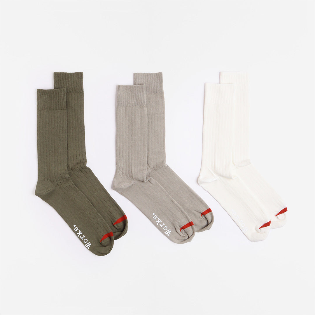 main Universal Works 3 Pack Modal Socks, Ecru Grey Green, Detail Shot 1