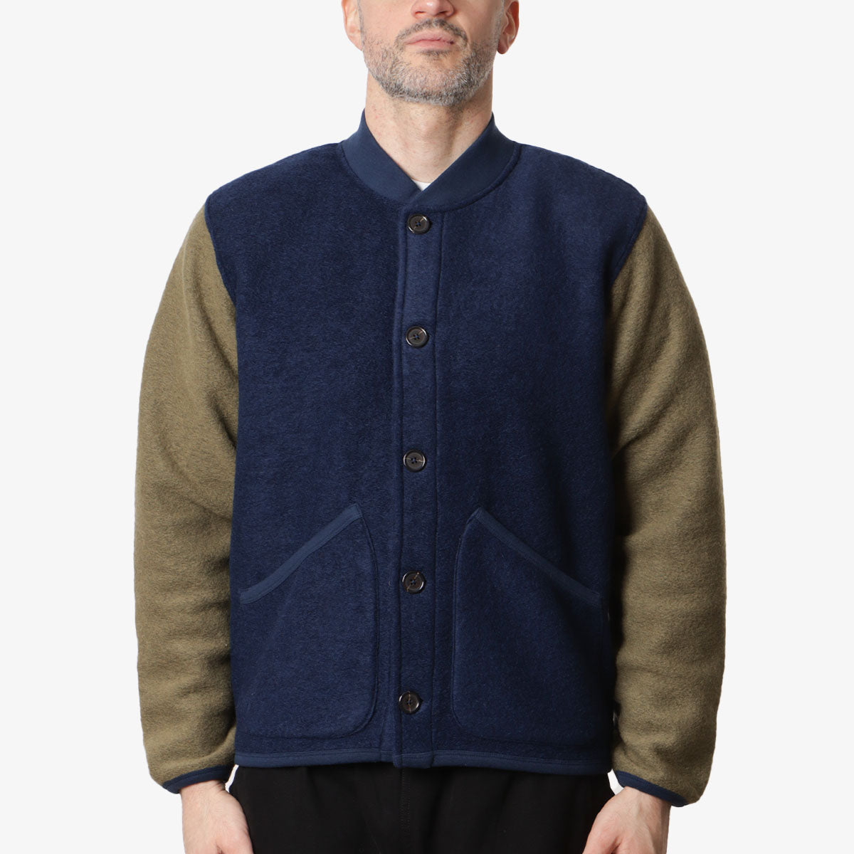 Universal Works Button Front Bomber, Indigo Lovat Wool Fleece, Detail Shot 1