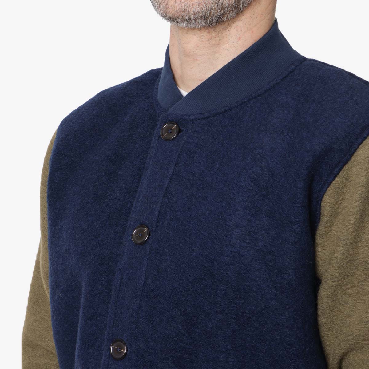 Universal Works Button Front Bomber, Indigo Lovat Wool Fleece, Detail Shot 2