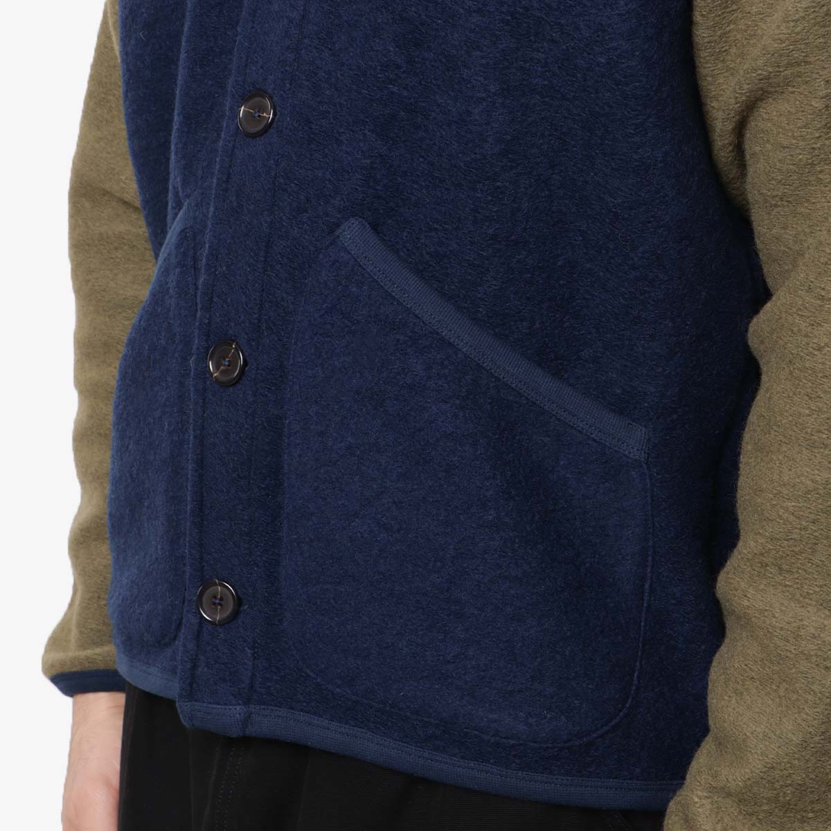 Universal Works Button Front Bomber, Indigo Lovat Wool Fleece, Detail Shot 3