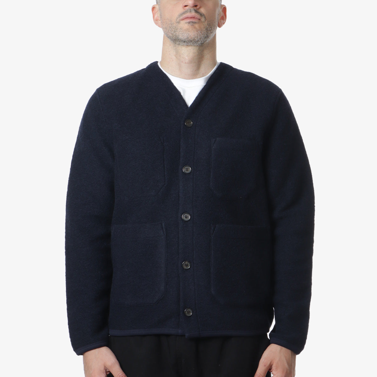 Universal Works Cardigan, Navy Wool Fleece, Detail Shot 1