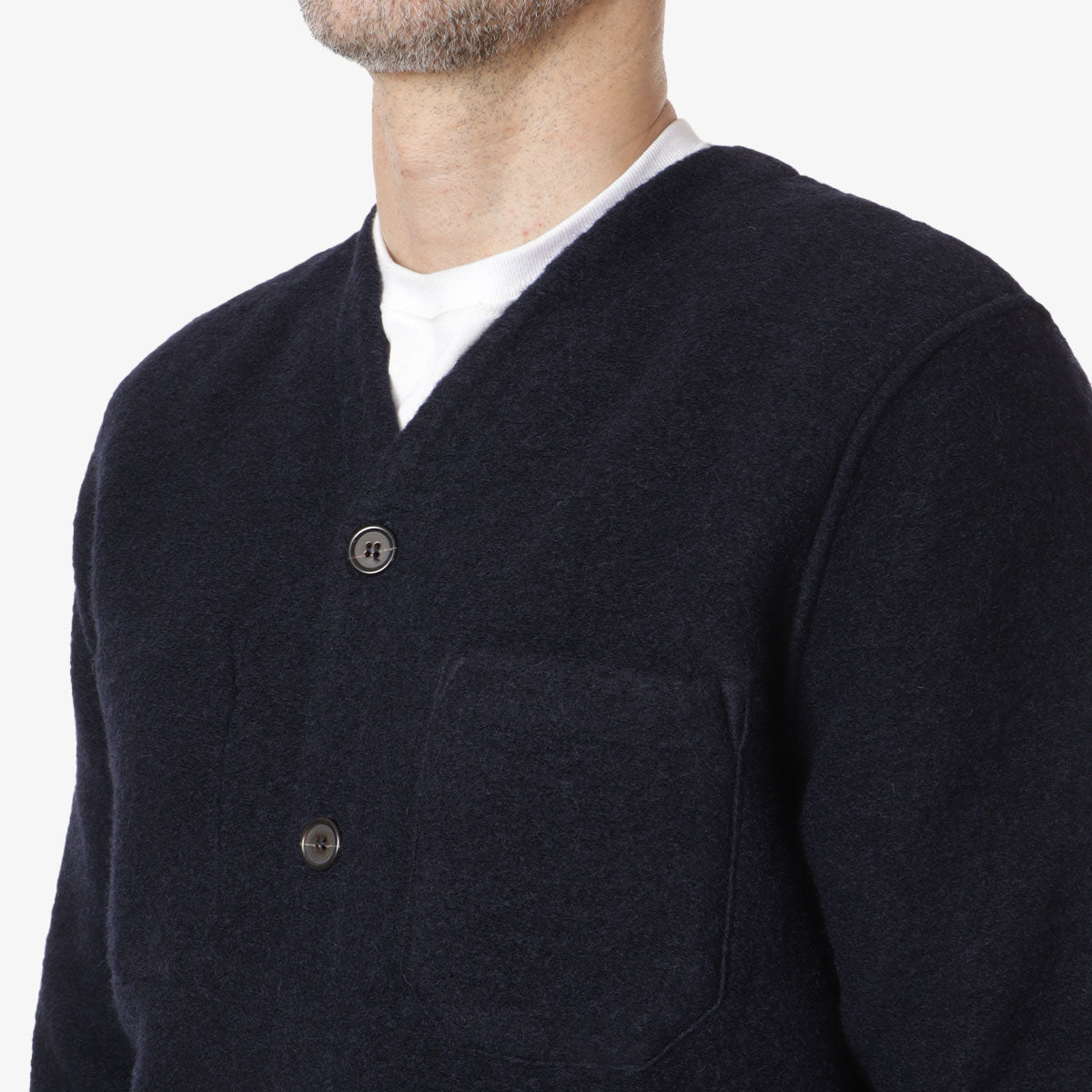 Universal Works Cardigan, Navy Wool Fleece, Detail Shot 2