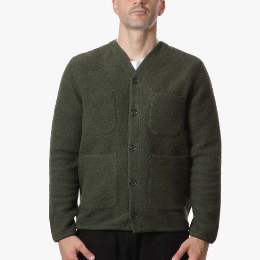 Universal Works Cardigan, Olive Wool Fleece, Detail Shot 1