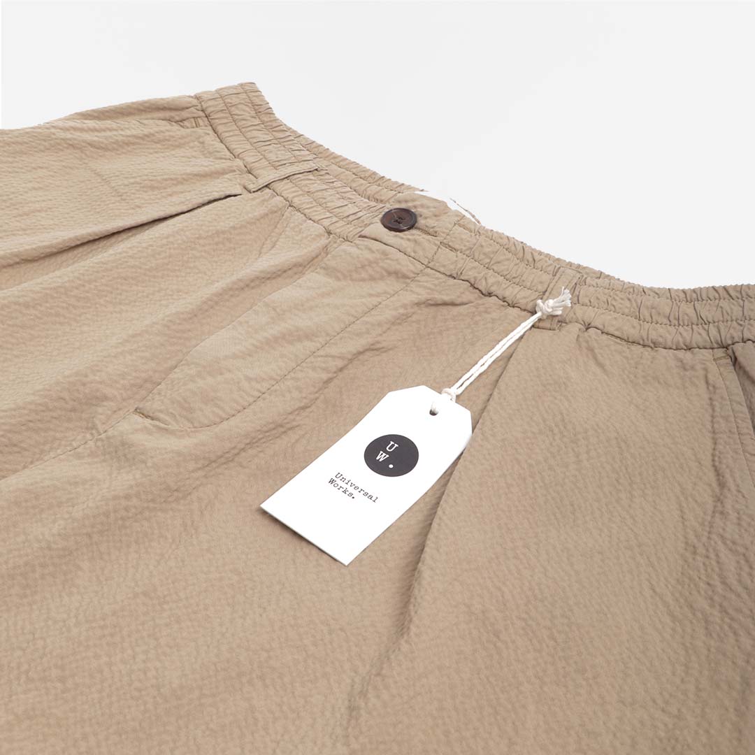 main Universal Works Pleated Track Shorts, Summer Oak Seersucker II, Detail Shot 2