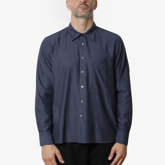 Universal Works Square Pocket Shirt, Navy SG Brushed Twill, Detail Shot 1