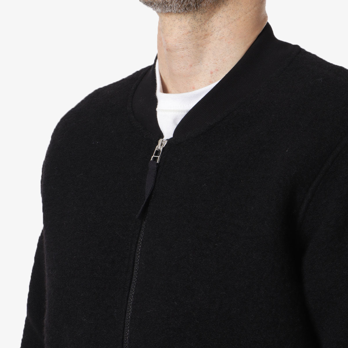 Universal Works Zip Bomber, Black Wool Fleece, Detail Shot 3