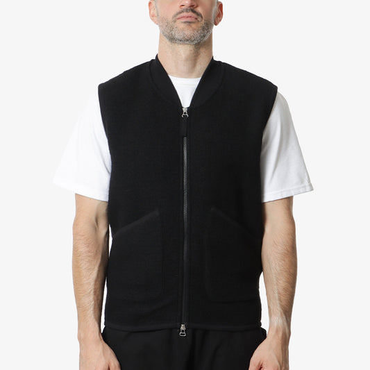 Universal Works Zip Waistcoat, Black Wool Fleece, Detail Shot 1