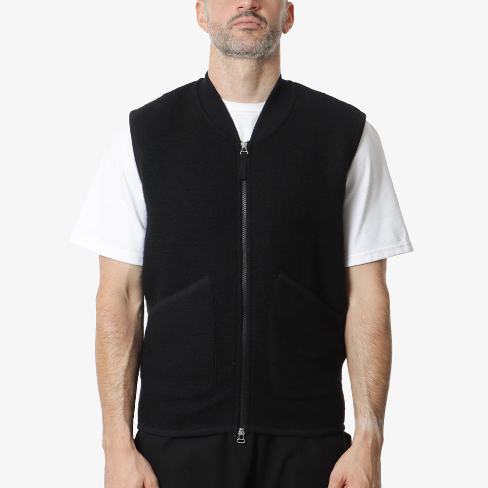 main Universal Works Zip Waistcoat, Black Wool Fleece, Detail Shot 1