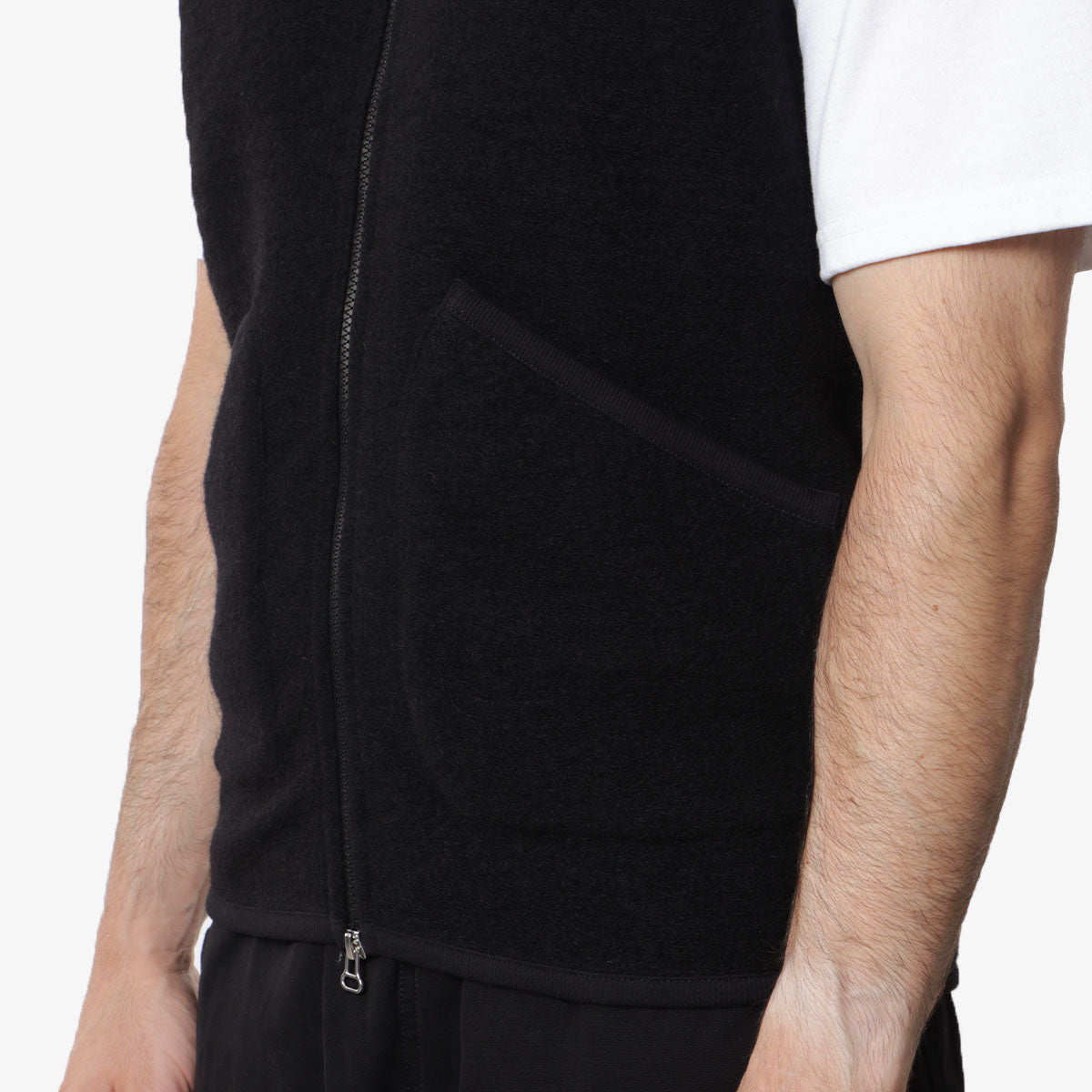 Universal Works Zip Waistcoat, Black Wool Fleece, Detail Shot 2