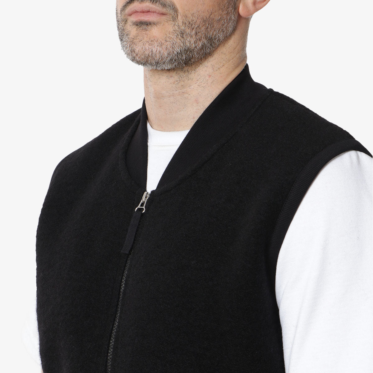 main Universal Works Zip Waistcoat, Black Wool Fleece, Detail Shot 3