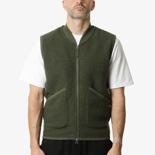 Universal Works Zip Waistcoat, Olive Wool Fleece, Detail Shot 1