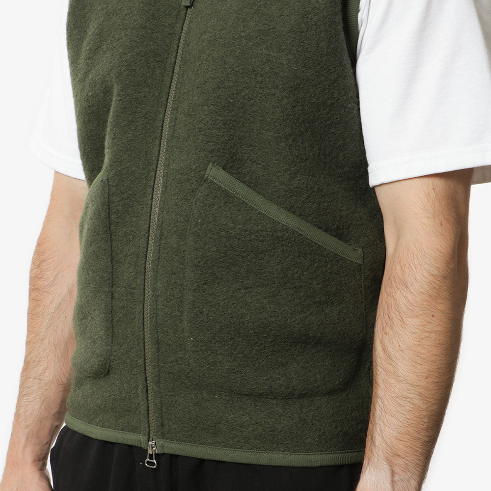 Universal Works Zip Waistcoat, Olive Wool Fleece, Detail Shot 2