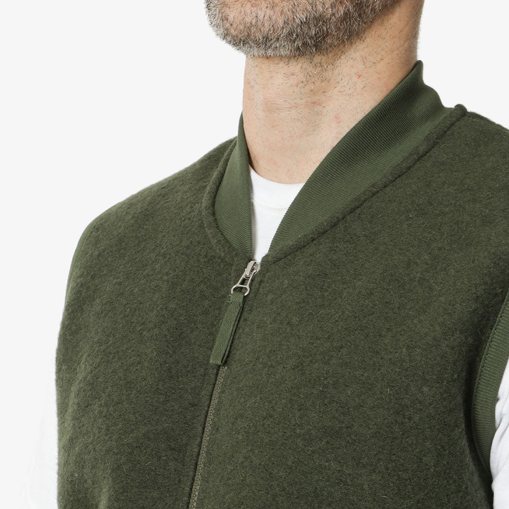 Universal Works Zip Waistcoat, Olive Wool Fleece, Detail Shot 3