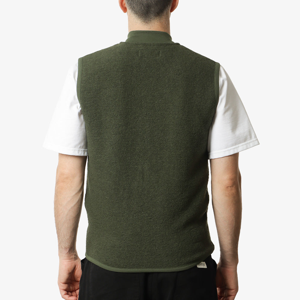 Universal Works Zip Waistcoat, Olive Wool Fleece, Detail Shot 4