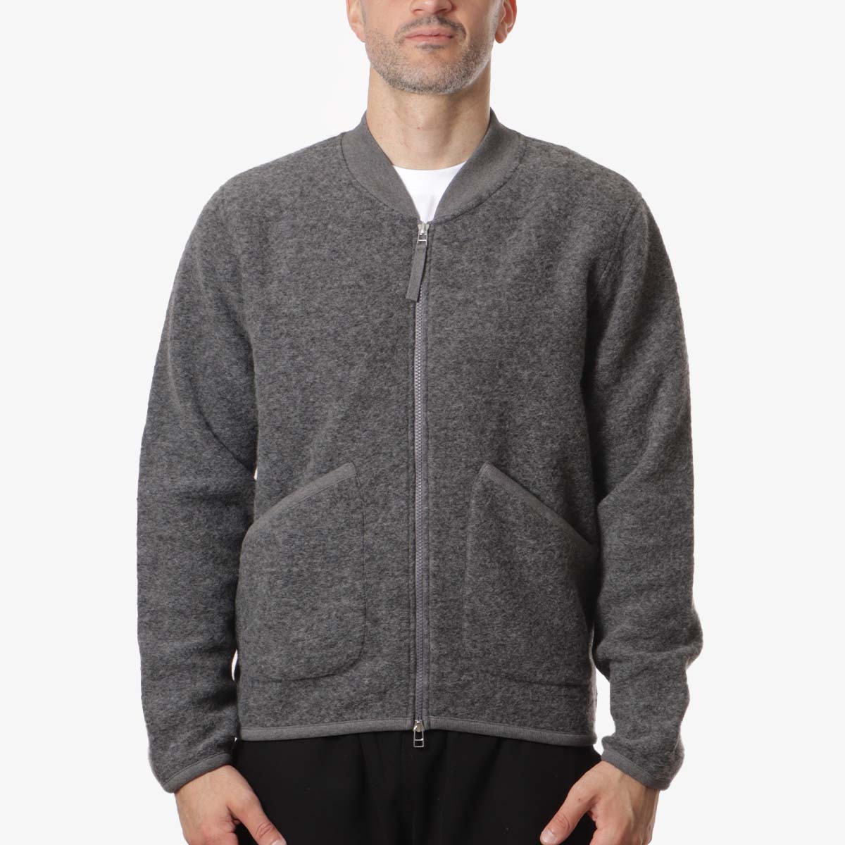 Universal Works Zip Bomber, Grey Marl Wool Fleece, Detail Shot 1