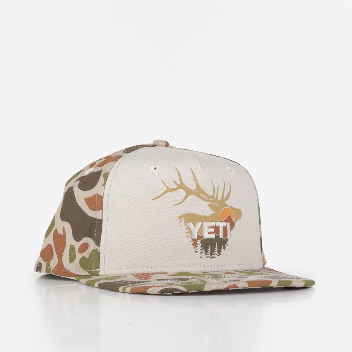 main YETI Sunrise Elk Flat Brim Hat, Tan Brown Camo, Detail Shot 1